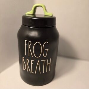 Rae Dunn Black Jar with Lime Handle 'Frog Breath' text.